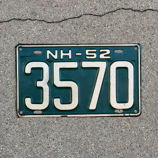 Photo of a 1952 New Hampshire License Plate Auto Tag Garage Decor Vintage Low Number Four Digit 3570 with original patina