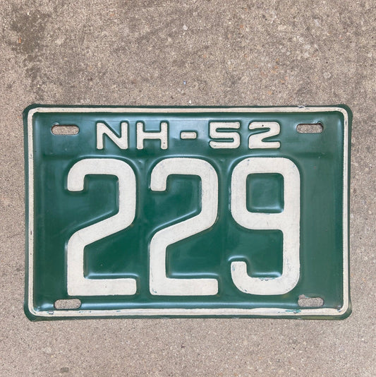 Photo of a 1952 New Hampshire License Plate Auto Tag Garage Decor Vintage Low Number Three Digit 229 with original patina