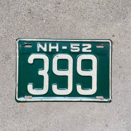 Photo of a 1952 New Hampshire License Plate Auto Tag Garage Decor Vintage Low Number Three Digit 399 with original patina