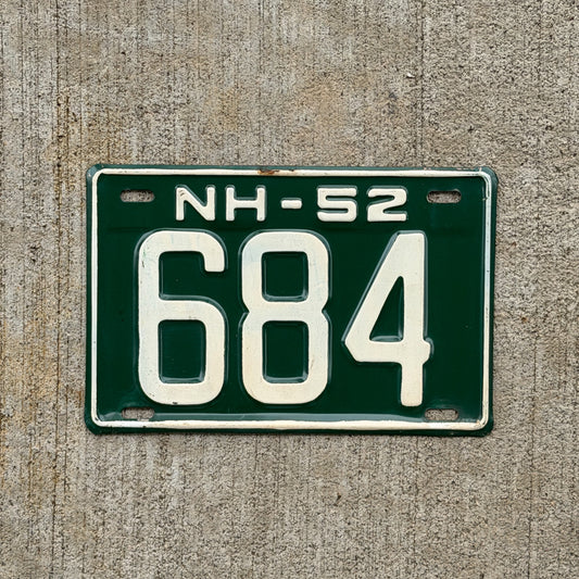 Photo of a 1952 New Hampshire License Plate Auto Tag Garage Decor Vintage Low Number Three Digit 684 with original patina
