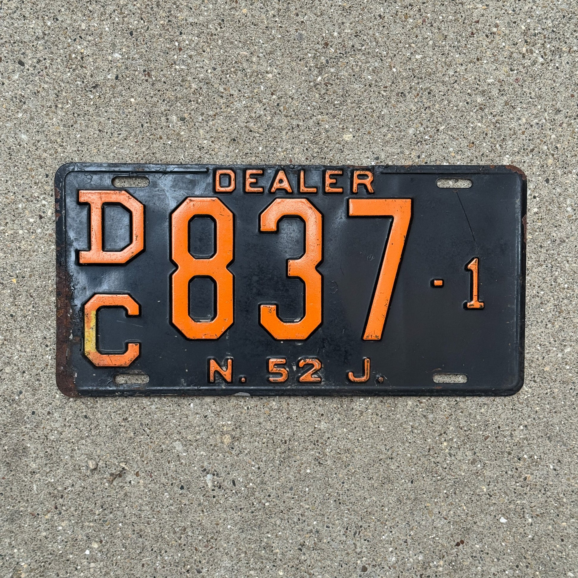 Photo of a 1952 New Jersey Dealer License Plate Auto Tag Garage Decor Vintage DC 837 1 with original patina
