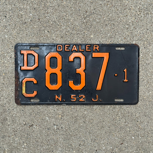 Photo of a 1952 New Jersey Dealer License Plate Auto Tag Garage Decor Vintage DC 837 1 with original patina