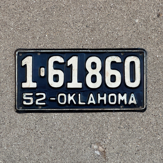 Photo of a 1952 Oklahoma License Plate Auto Tag Garage Decor Vintage 1 61860 with original patina