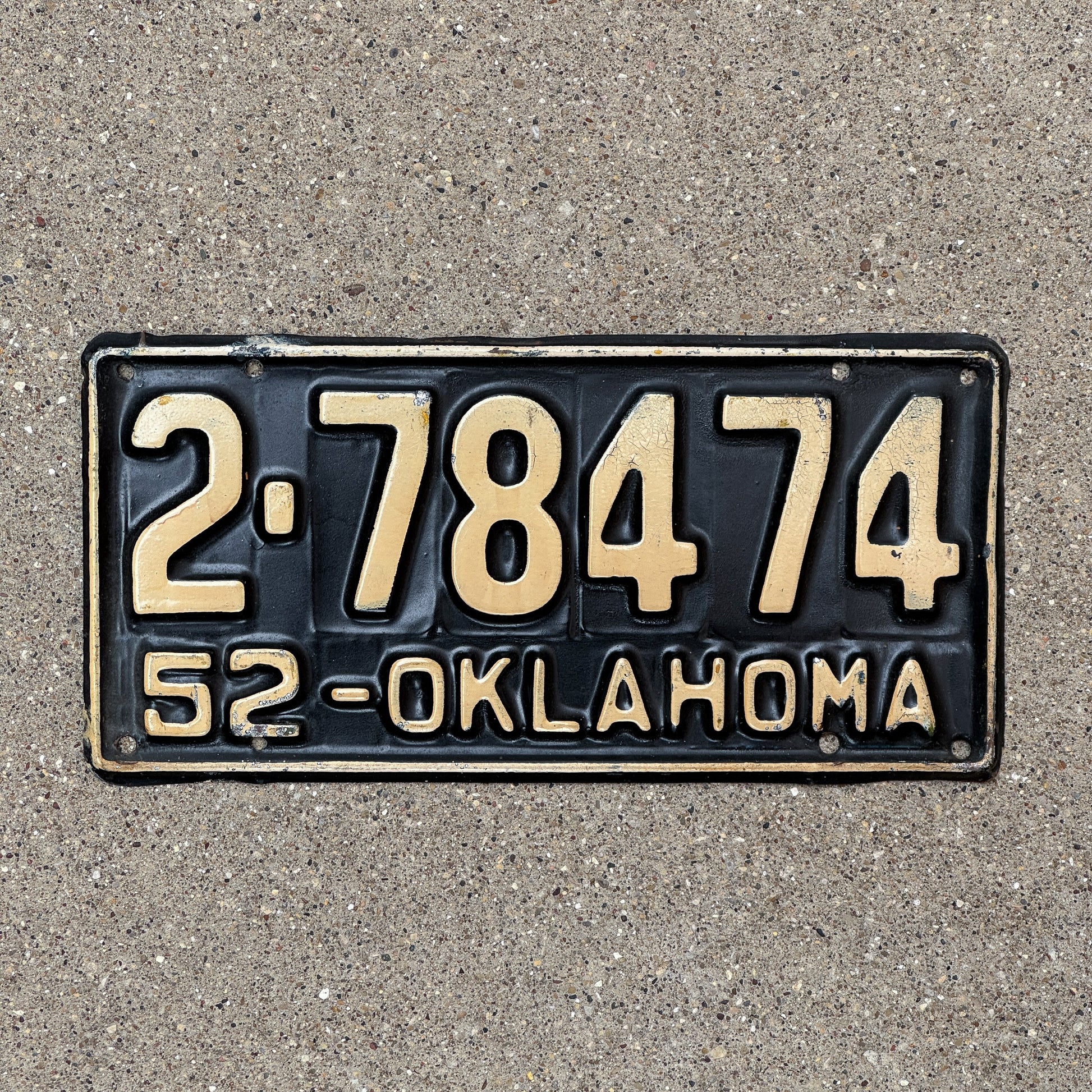 Photo of a 1952 Oklahoma License Plate Auto Tag Garage Decor Vintage 2 78474 with original patina