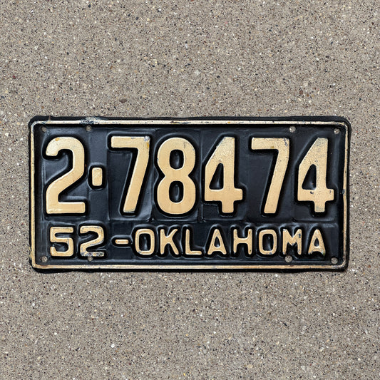 Photo of a 1952 Oklahoma License Plate Auto Tag Garage Decor Vintage 2 78474 with original patina