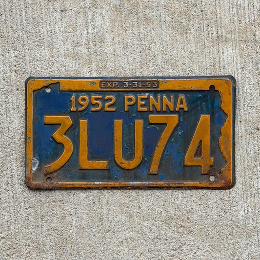 Photo of a 1952 Pennsylvania License Plate Auto Tag Garage Decor Vintage 3 LU 74 with original patina