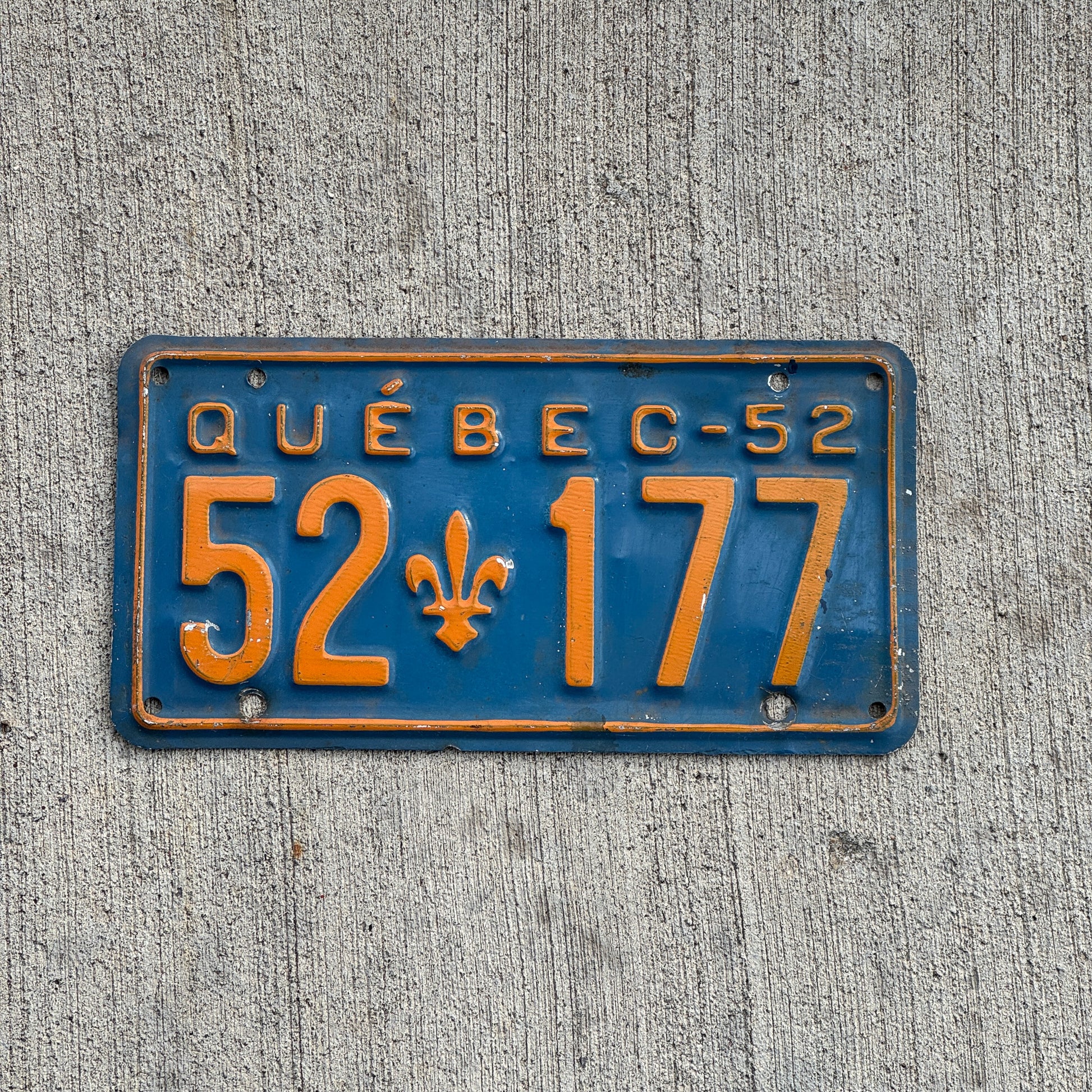 Photo of a 1952 Quebec License Plate Auto Tag Garage Decor Vintage 52 177 with original patina