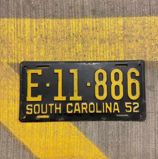 Photo of a 1952 South Carolina License Plate Auto Tag Garage Decor Vintage E 11886 with original patina