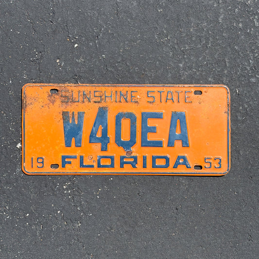 Photo of a 1953 Florida HAM Radio License Plate Auto Tag Garage Decor Vintage W4QEA with original patina