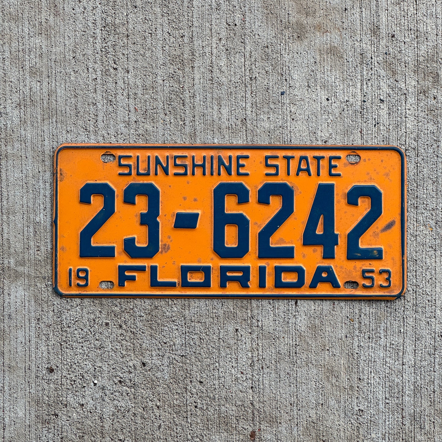 Photo of a 1953 Florida License Plate Auto Tag Garage Decor Vintage 23 6242 with original patina
