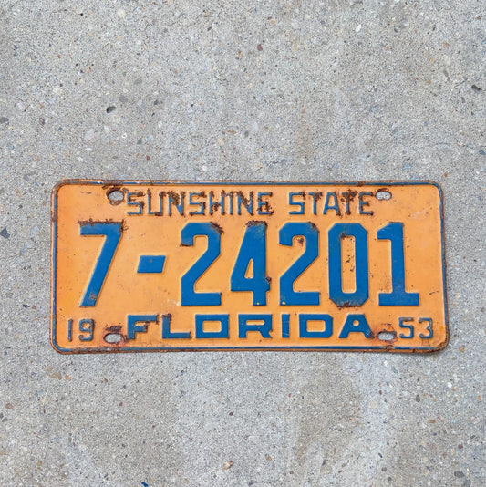 Photo of a 1953 Florida License Plate Auto Tag Garage Decor Vintage Orange County 420 Weed 7 24201 with original patina