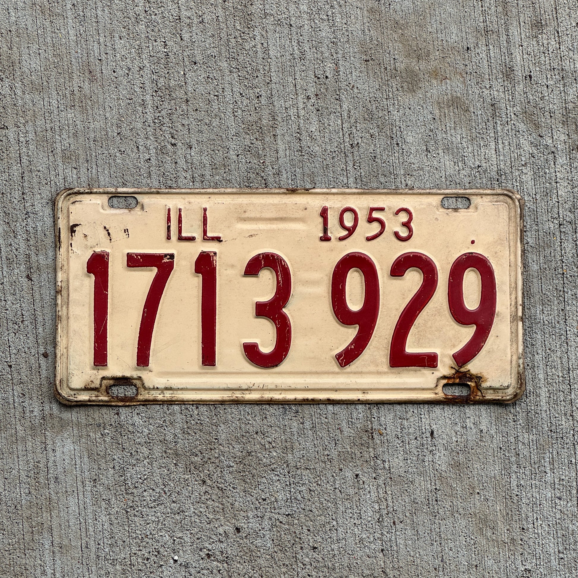 Photo of a 1953 Illinois License Plate Auto Tag Garage Decor Vintage 1 713 929 with original patina