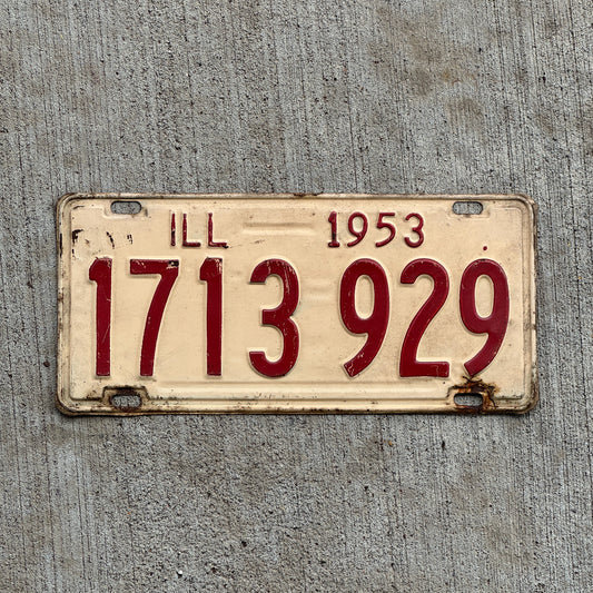 Photo of a 1953 Illinois License Plate Auto Tag Garage Decor Vintage 1 713 929 with original patina