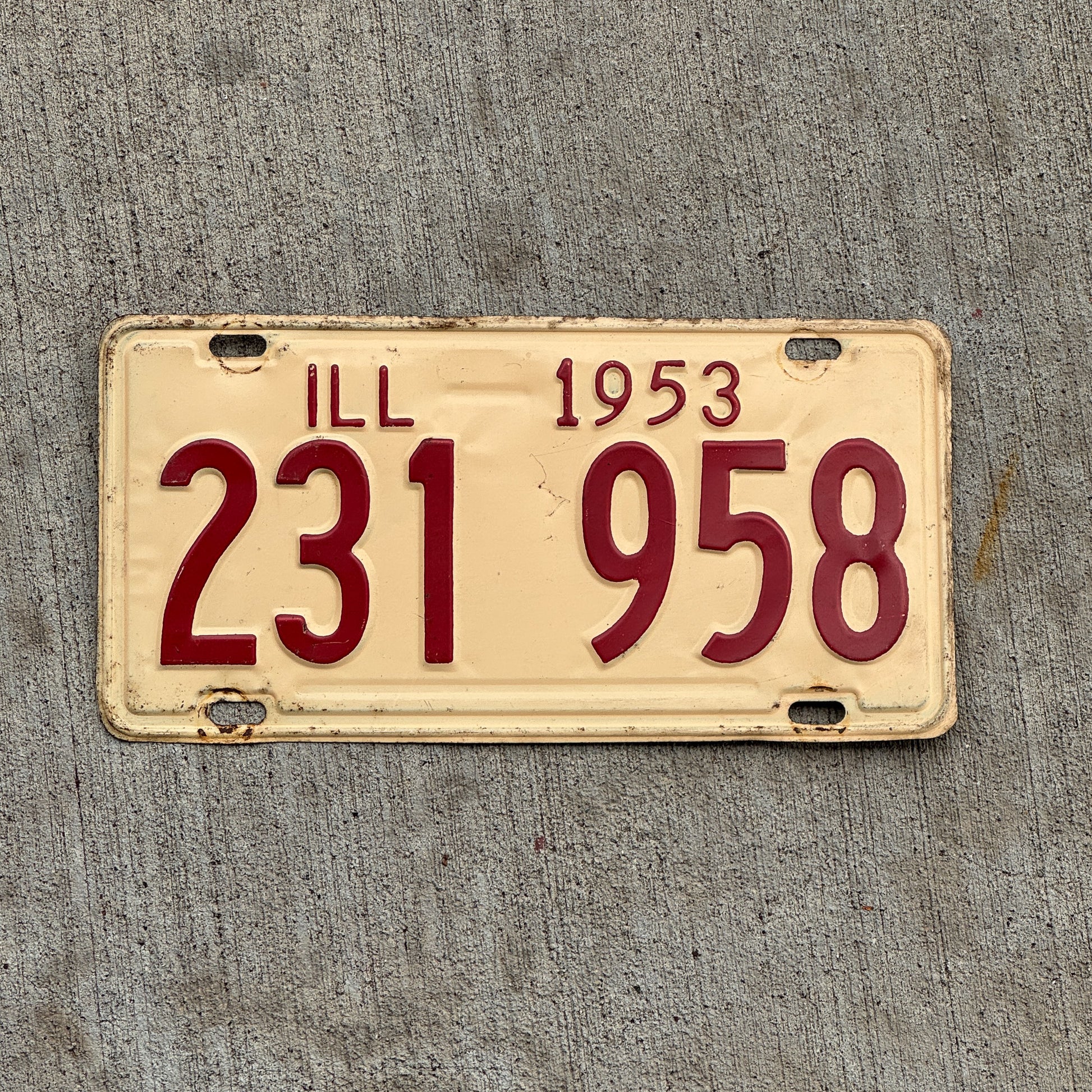Photo of a 1953 Illinois License Plate Auto Tag Garage Decor Vintage 231 958 with original patina
