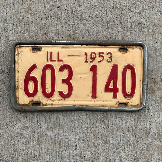 Photo of a 1953 Illinois License Plate Auto Tag Garage Decor Vintage 603 140 with original patina