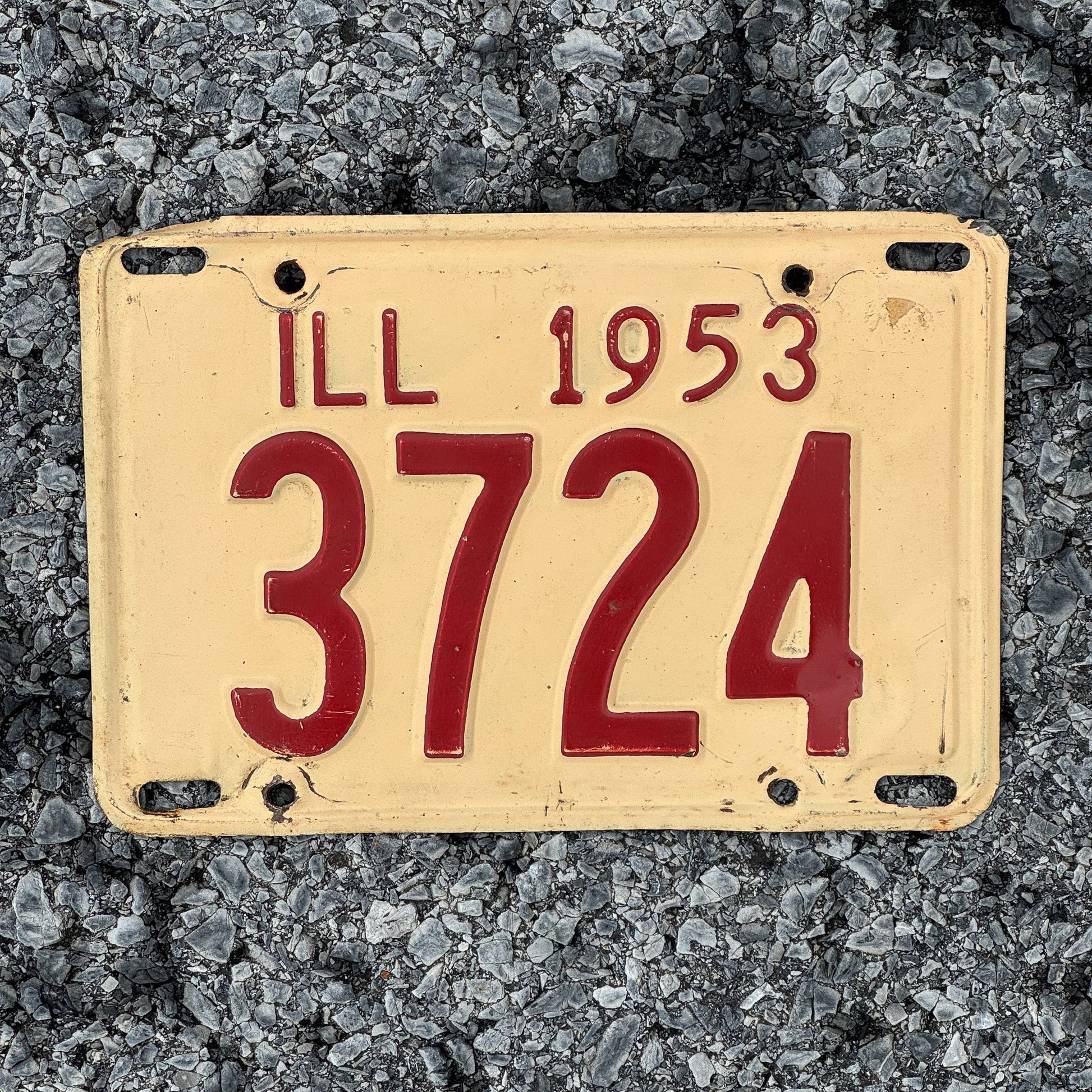 Photo of a 1953 Illinois License Plate Auto Tag Garage Decor Vintage Low Number Four Digit 3724
