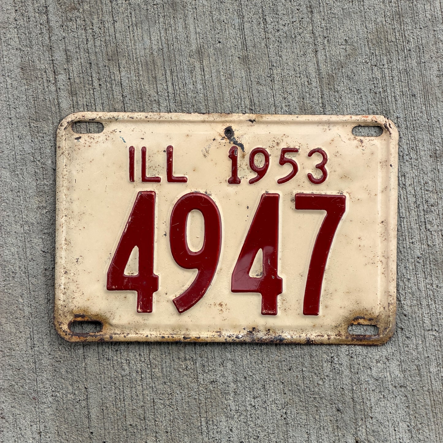 Photo of a 1953 Illinois License Plate Auto Tag Garage Decor Vintage Low Number Four Digit 4947 with original patina