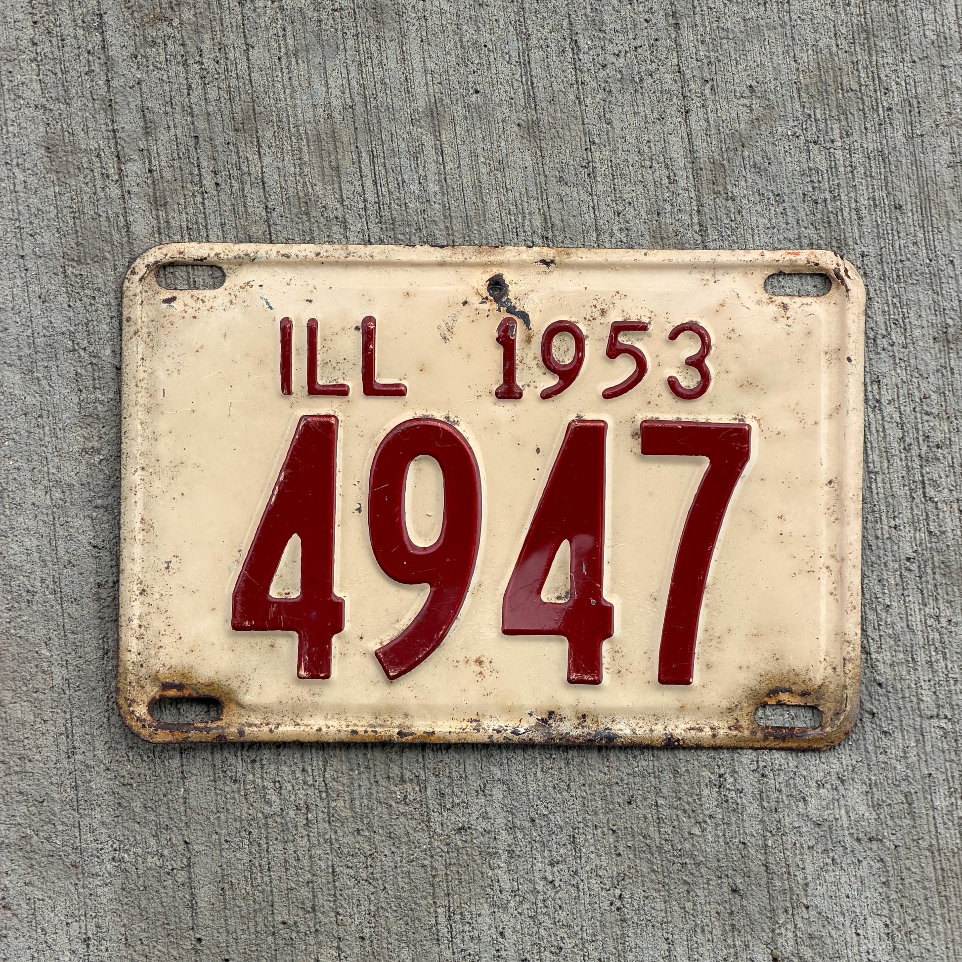 Photo of a 1953 Illinois License Plate Auto Tag Garage Decor Vintage Low Number Four Digit 4947 with original patina