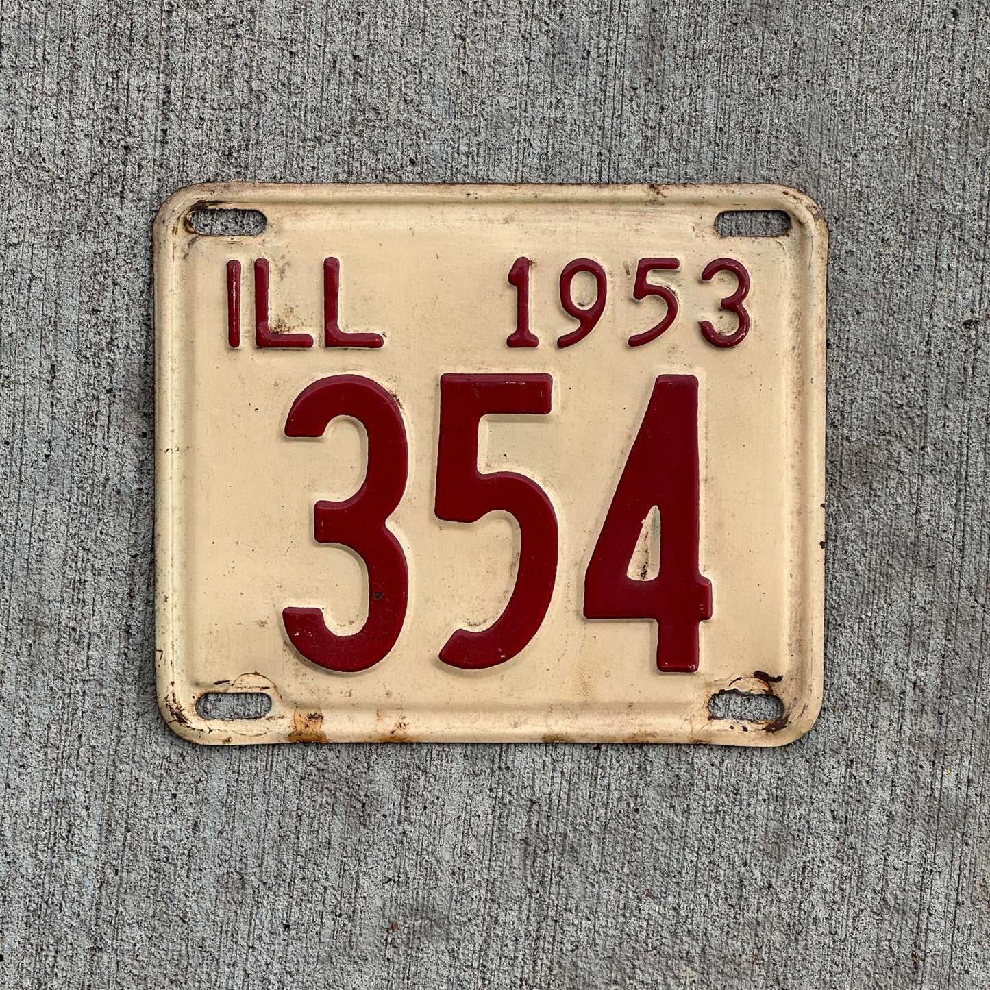 Photo of a 1953 Illinois License Plate Auto Tag Garage Decor Vintage Low Number Three Digit 354 with original patina