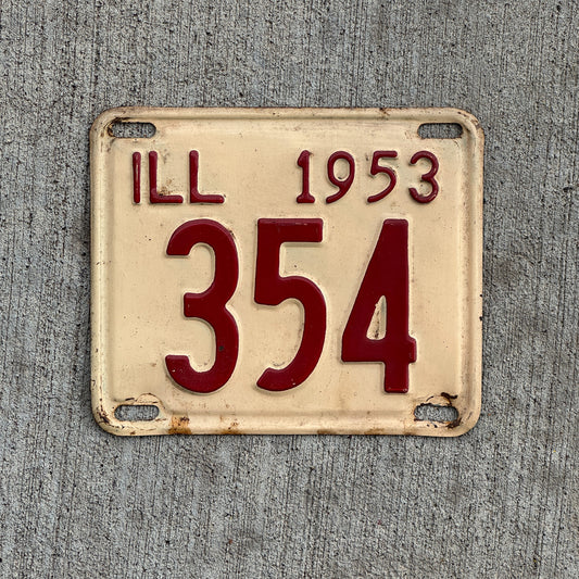 Photo of a 1953 Illinois License Plate Auto Tag Garage Decor Vintage Low Number Three Digit 354 with original patina