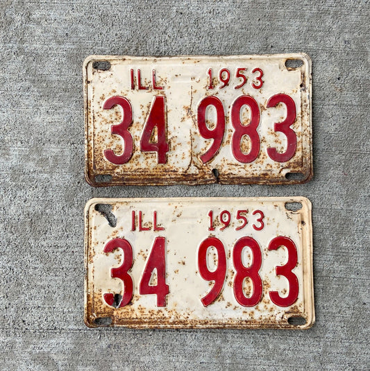 Photo of a 1953 Illinois License Plate Pair Auto Tag Garage Decor Vintage 34983 with original patina