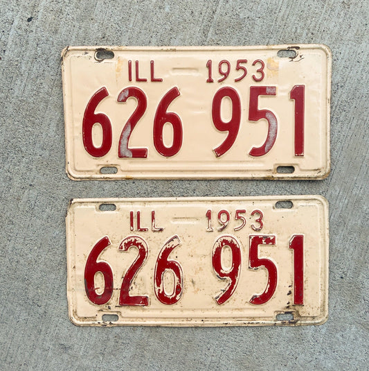 Photo of a 1953 Illinois License Plate Pair Auto Tag Garage Decor Vintage 626951 with original patina