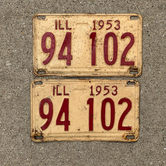 Photo of a 1953 Illinois License Plate PAIR Auto Tag Garage Decor Vintage 94 102