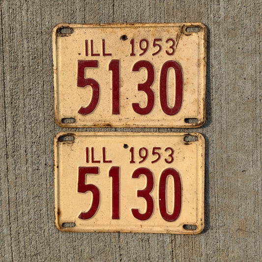 Photo of a 1953 Illinois License Plate Pair Auto Tag Garage Decor Vintage Low Number Four Digit 5130 with original patina