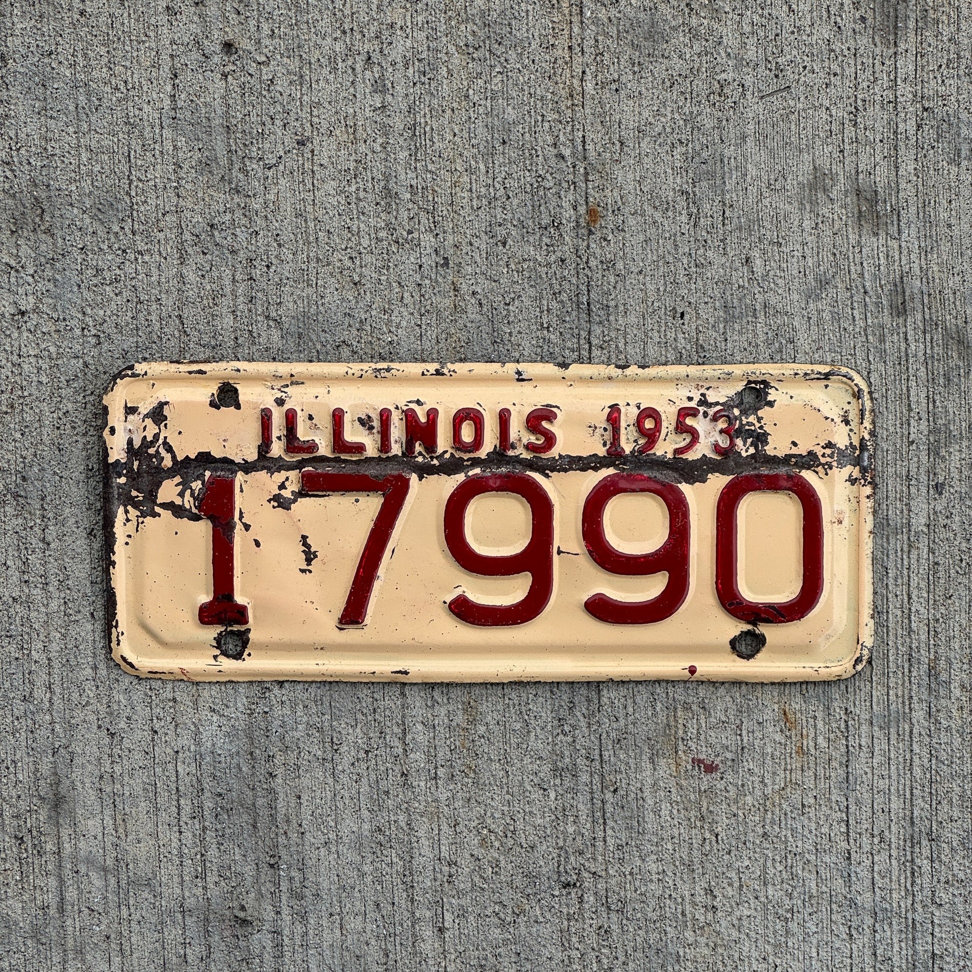 Photo of a 1953 Illinois Motorcycle License Plate Auto Tag Garage Decor Vintage 17990 with original patina