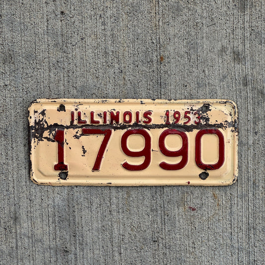 Photo of a 1953 Illinois Motorcycle License Plate Auto Tag Garage Decor Vintage 17990 with original patina