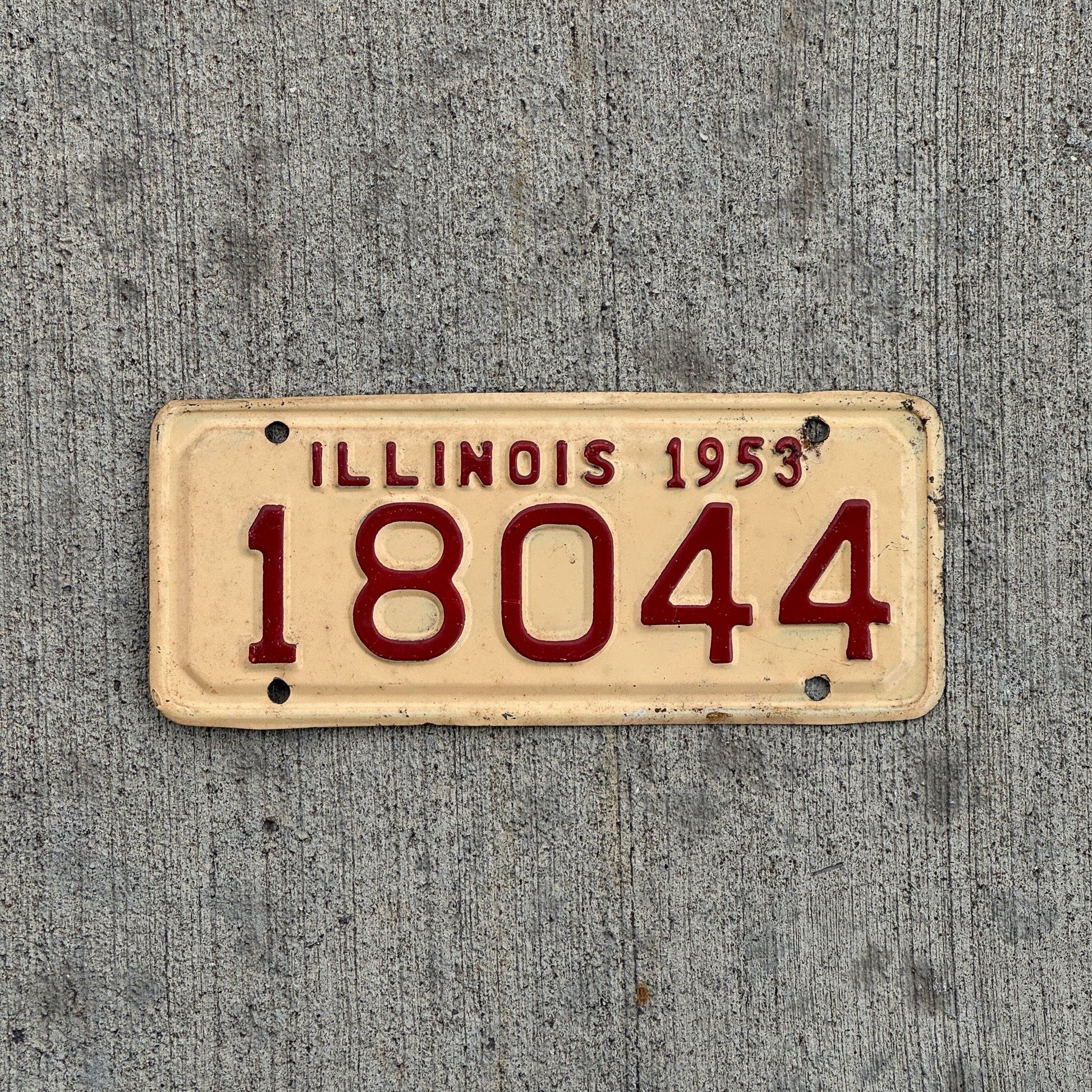 Photo of a 1953 Illinois Motorcycle License Plate Auto Tag Garage Decor Vintage 18044 with original patina