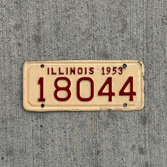 Photo of a 1953 Illinois Motorcycle License Plate Auto Tag Garage Decor Vintage 18044 with original patina