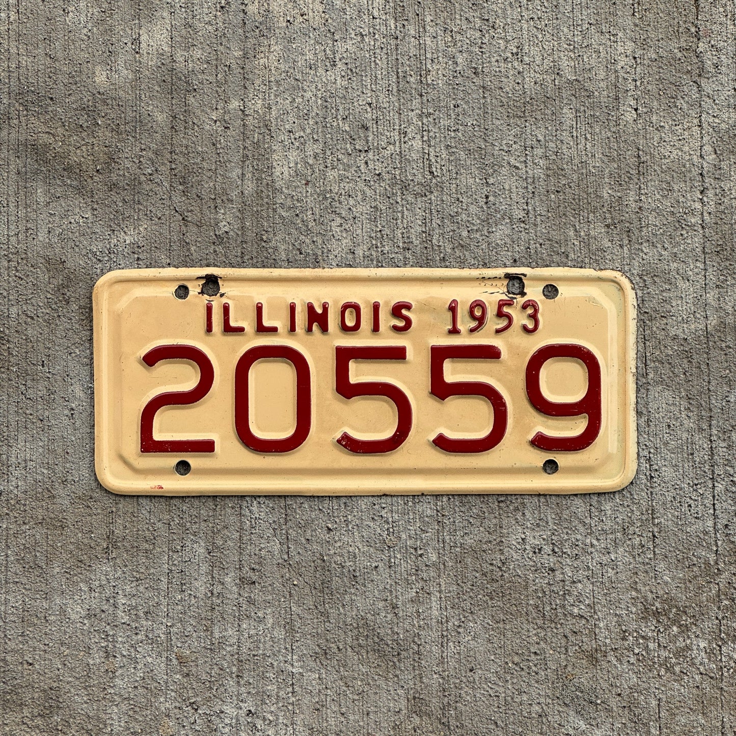 Photo of a 1953 Illinois Motorcycle License Plate Auto Tag Garage Decor Vintage 20559 with original patina