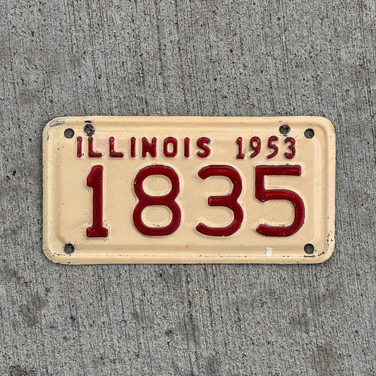 Photo of a 1953 Illinois Motorcycle License Plate Auto Tag Garage Decor Vintage Low Number Four Digit 1835 with original patina
