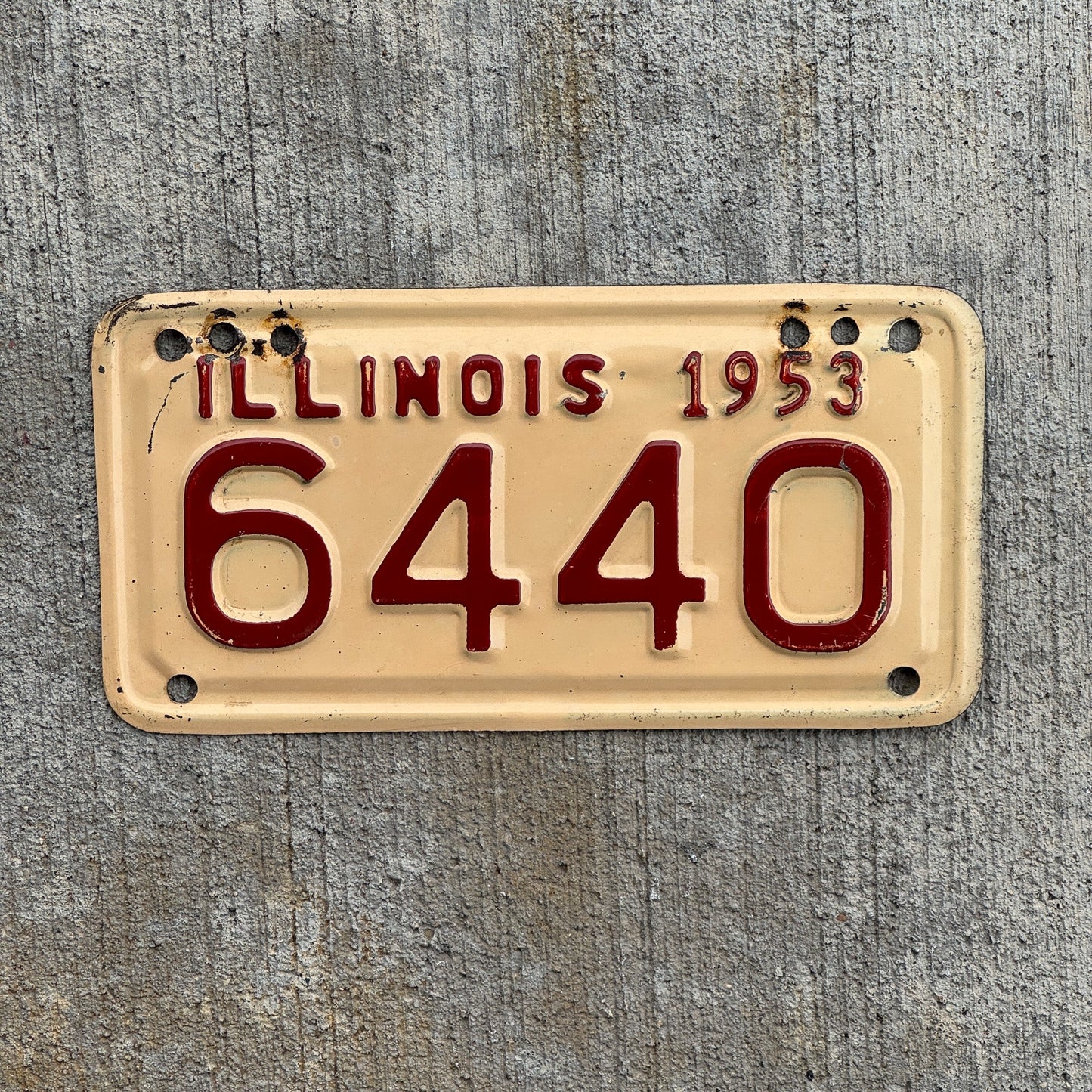 Photo of a 1953 Illinois Motorcycle License Plate Auto Tag Garage Decor Vintage Low Number Four Digit 6440 with original patina