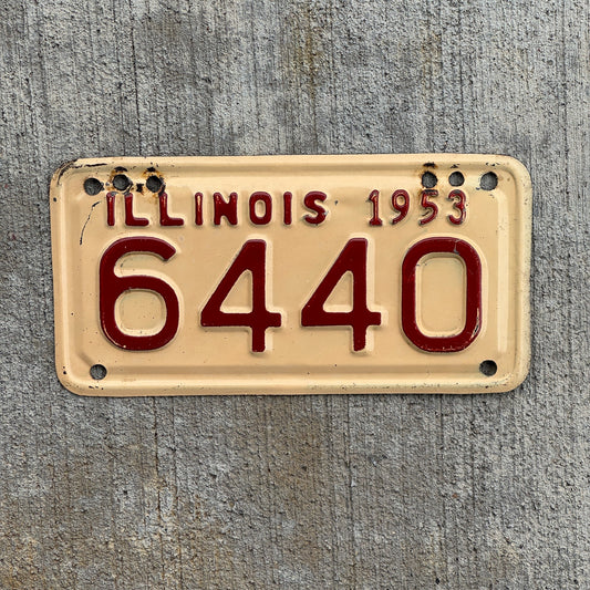 Photo of a 1953 Illinois Motorcycle License Plate Auto Tag Garage Decor Vintage Low Number Four Digit 6440 with original patina