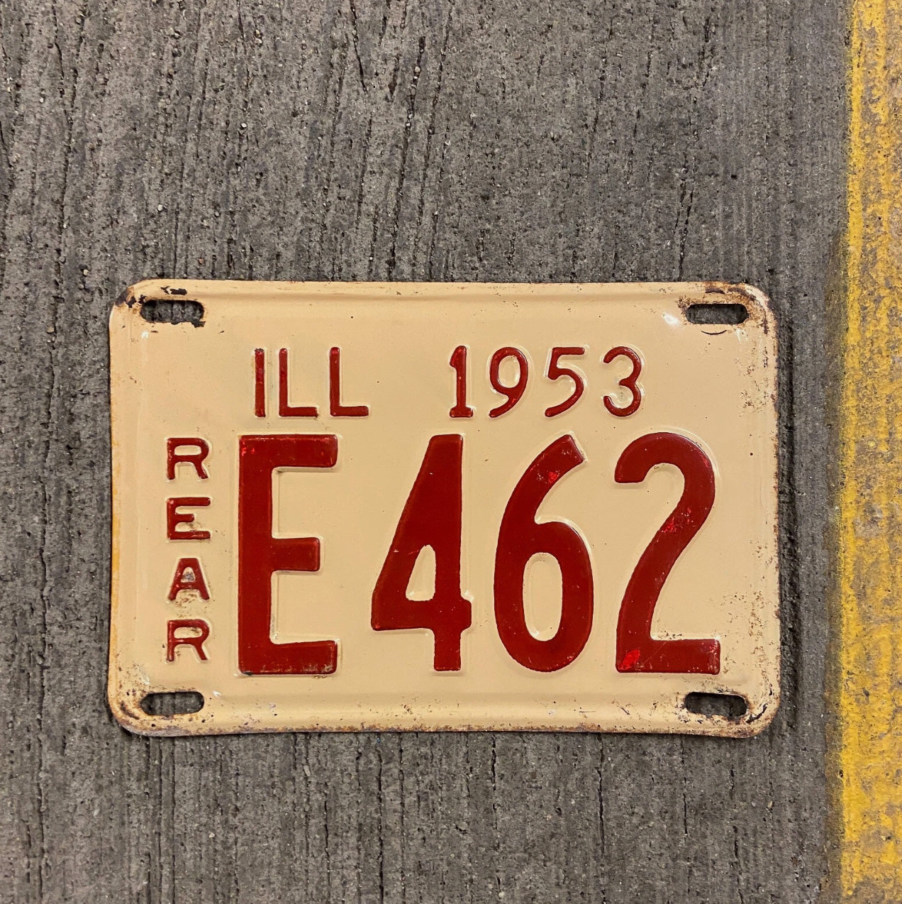 Photo of a 1953 Illinois Truck License Plate Auto Tag Garage Decor Vintage Low Number Three Digit E 462 with original patina