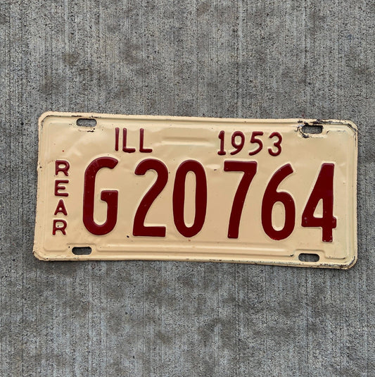Photo of a 1953 Illinois Truck License Plate Auto Tag Garage Decor Vintage Rear G 20764 with original patina
