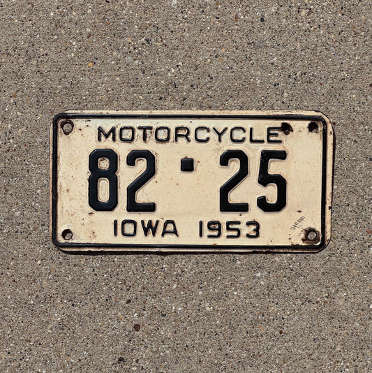 Photo of a 1953 Iowa Motorcycle License Plate Auto Tag Garage Decor Vintage ALPCA Archives Example Scott County 82 25 with original patina