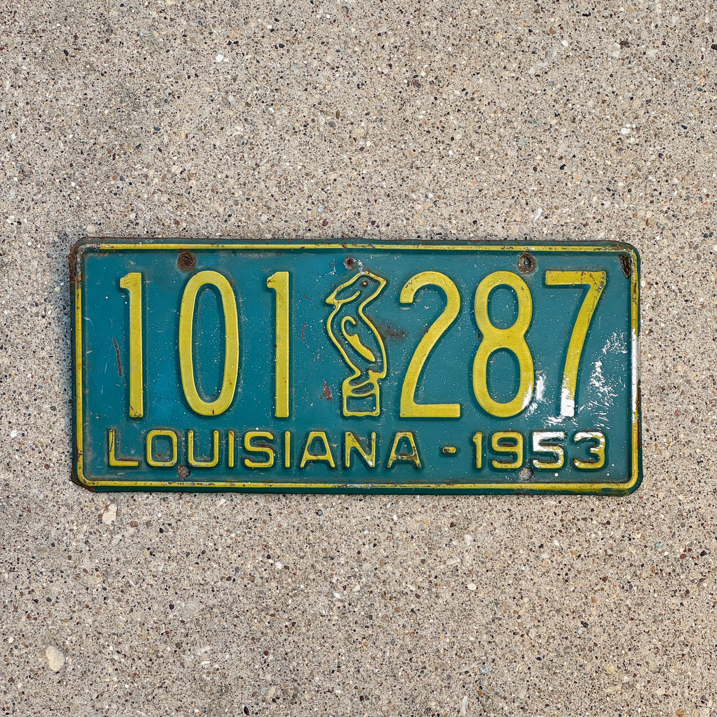 Photo of a 1953 Louisiana License Plate Auto Tag Garage Decor Vintage Iconic Pelican 101 287 with original patina