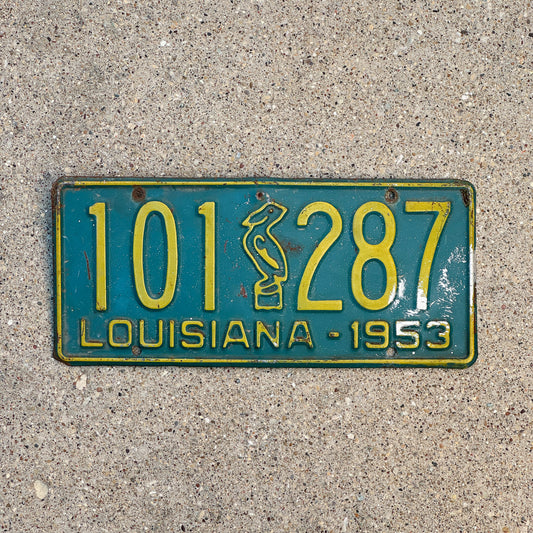 Photo of a 1953 Louisiana License Plate Auto Tag Garage Decor Vintage Iconic Pelican 101 287 with original patina