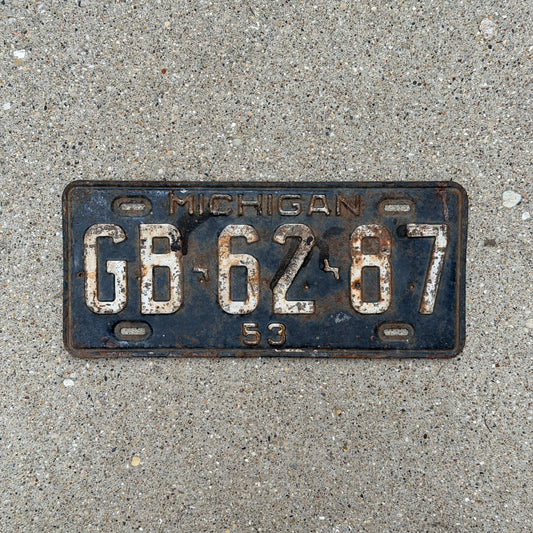 Photo of a 1953 Michigan License Plate Auto Tag Garage Decor Vintage GB 62 87 with original patina