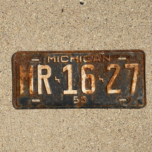 Photo of a 1953 Michigan License Plate Auto Tag Garage Decor Vintage MR 16 27 with original patina
