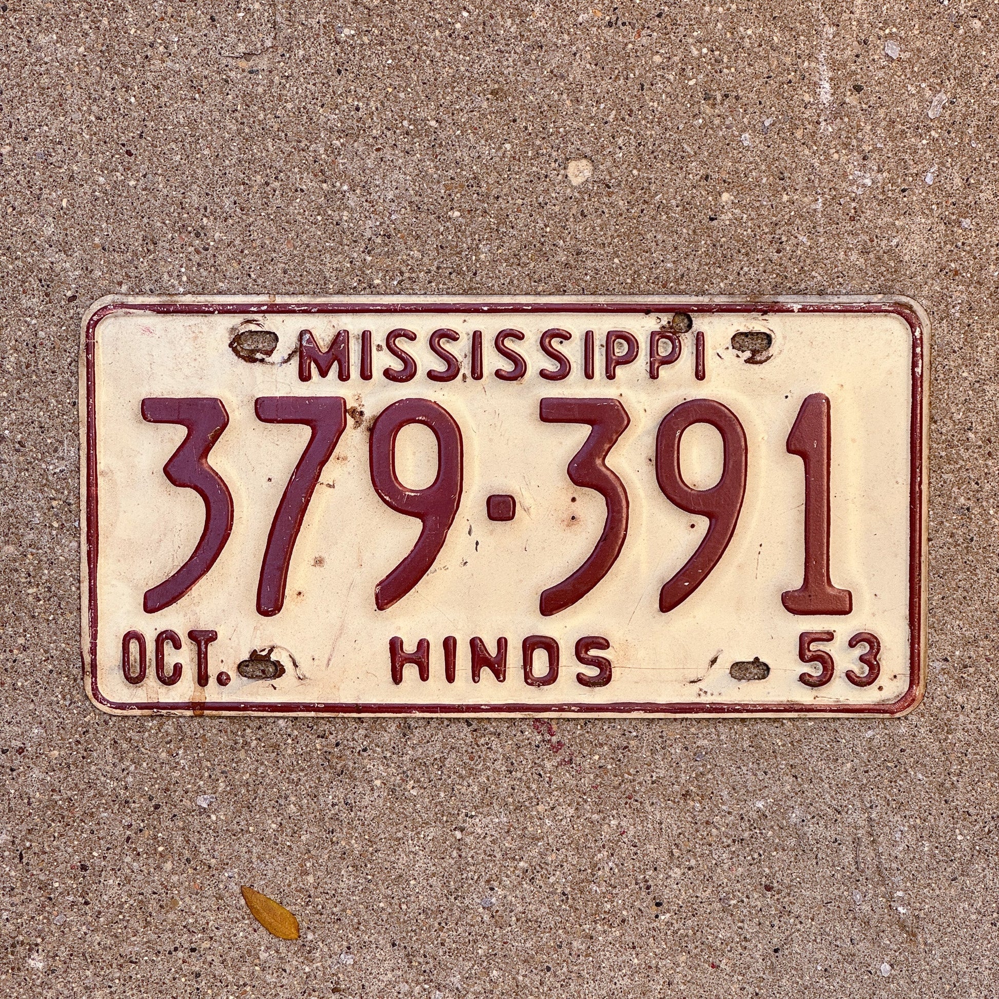 Photo of a 1953 Mississippi License Plate Auto Tag Garage Decor Vintage Hinds County 379 391 with original patina
