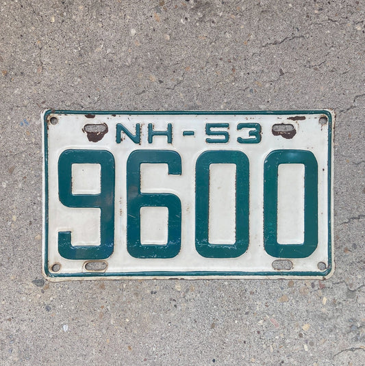 Photo of a 1953 New Hampshire License Plate Auto Tag Garage Decor Vintage Low Number Four Digit 9600 with original patina