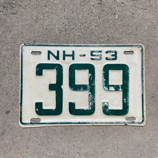 Photo of a 1953 New Hampshire License Plate Auto Tag Garage Decor Vintage Low Number Three Digit 399 with original patina