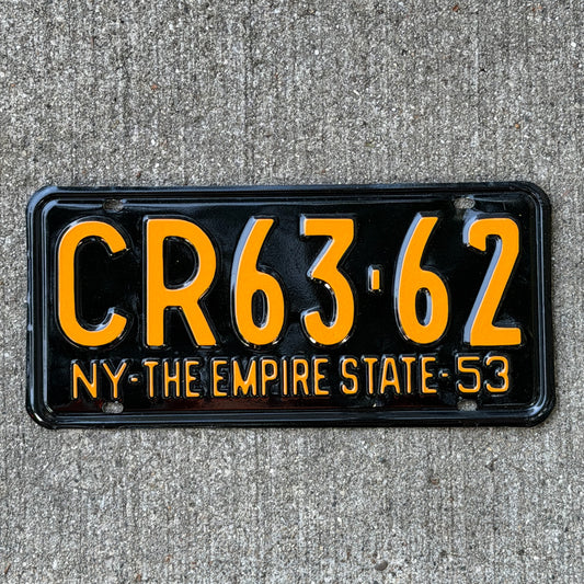 Photo of a 1953 New York License Plate Auto Tag Garage Decor Vintage DMV Clear Number Single Plate Year CR 63 62 with original patina