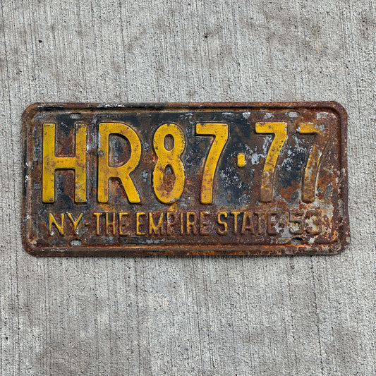 Photo of a 1953 New York License Plate Auto Tag Garage Decor Vintage Lucky 7 Repeat Repeating HR 87 77 with original patina