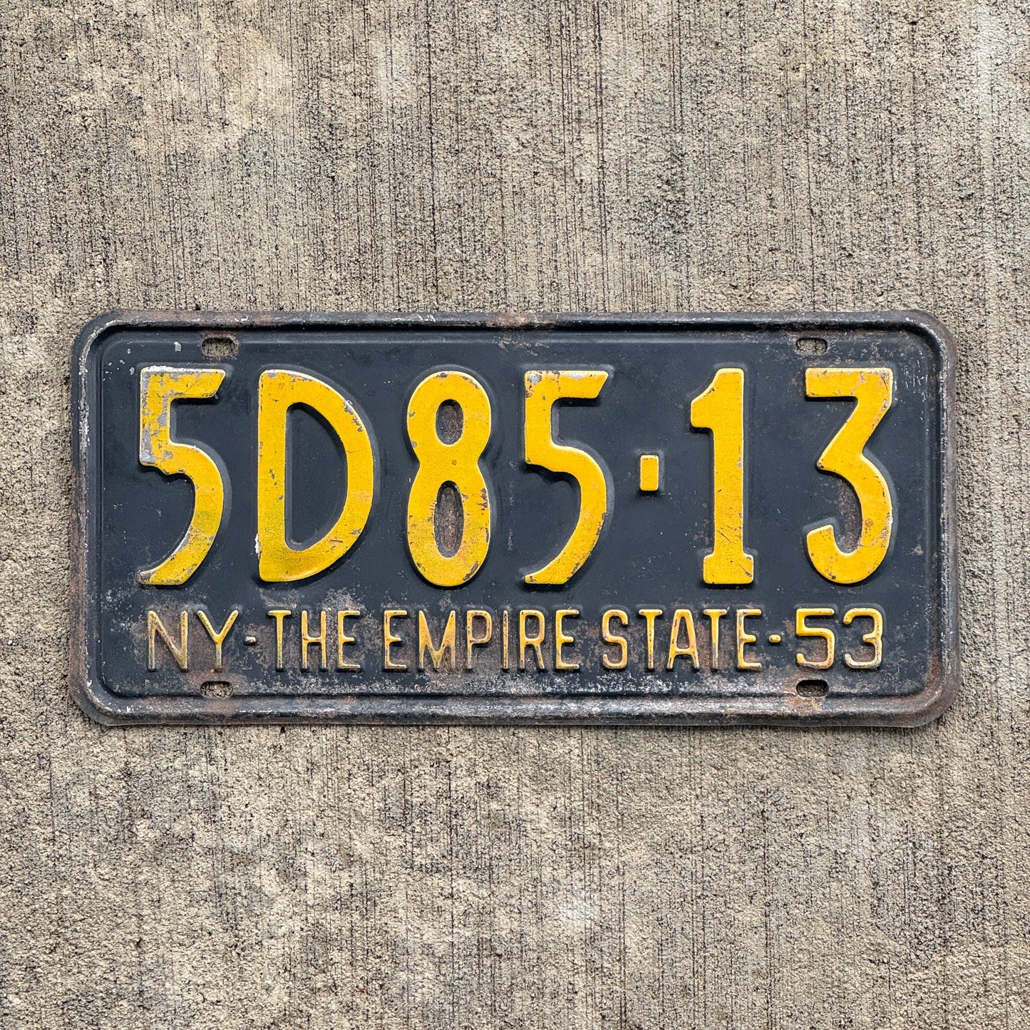 Photo of a 1953 New York License Plate Auto Tag Garage Decor Vintage Single Plate Year 5D85 13 with original patina