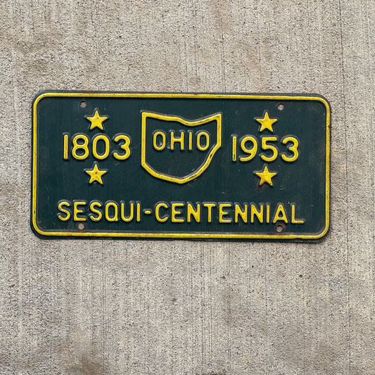 Photo of a 1953 Ohio Booster License Plate Auto Tag Garage Decor Vintage Sesquicentennial Collectible with original patina